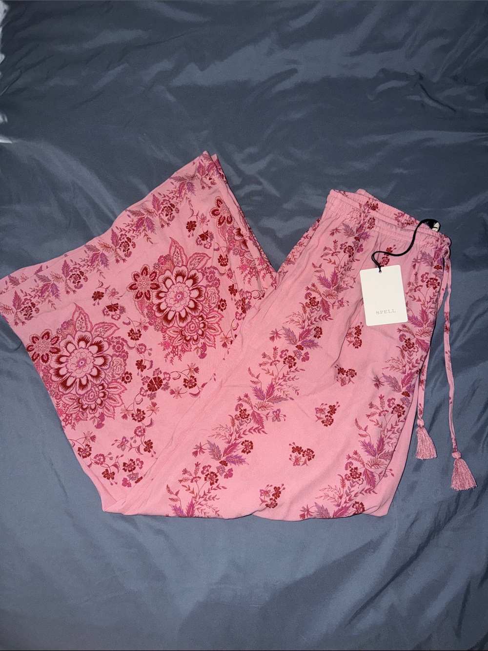 Spell Pink Floral Rebel Spirit Wide Leg Pants with Tassel Drawstring